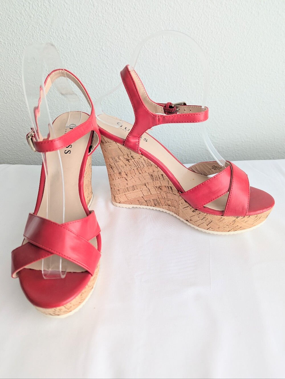 Guess Domino Sz 7½ Platform Cork Wedges Coral Red Faux Leather Sandals